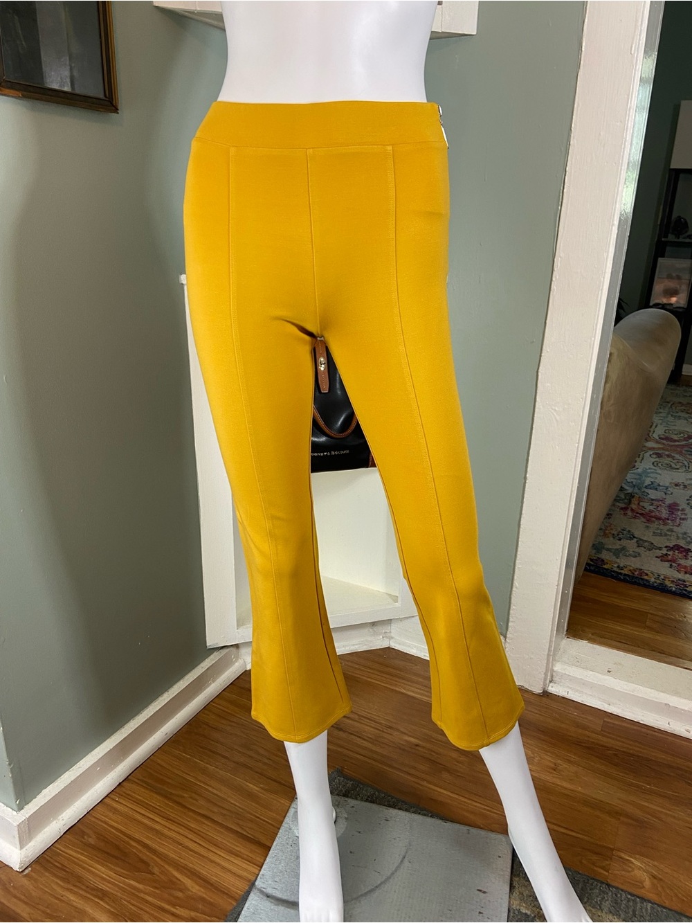 Lovers + Friends Mustard Yellow Crop Kick Flare Stretch Ponte Pants XSmall [CH]